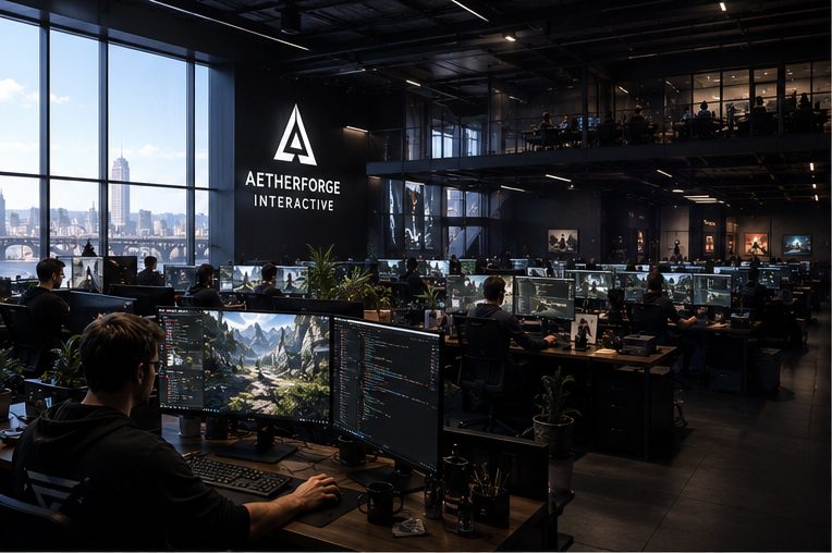 The AetherForges studio floor at golden hour — rows of workstations under the studio wordmark, the Amsterdam skyline through the glass wall