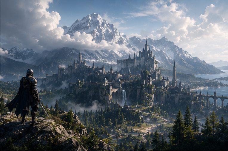 A lone armoured knight on a rocky outcrop overlooking the fortress city of Vessel of Ash, its spires rising against snowbound peaks